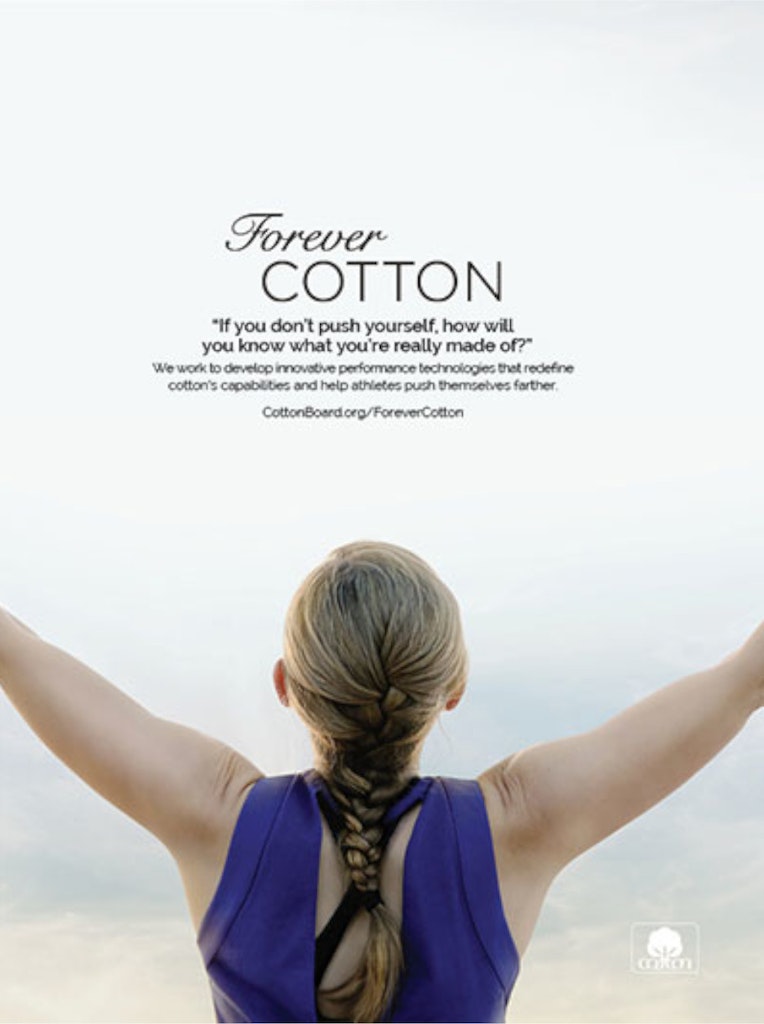 Woman shown in cotton top in a Forever Cotton advertisement