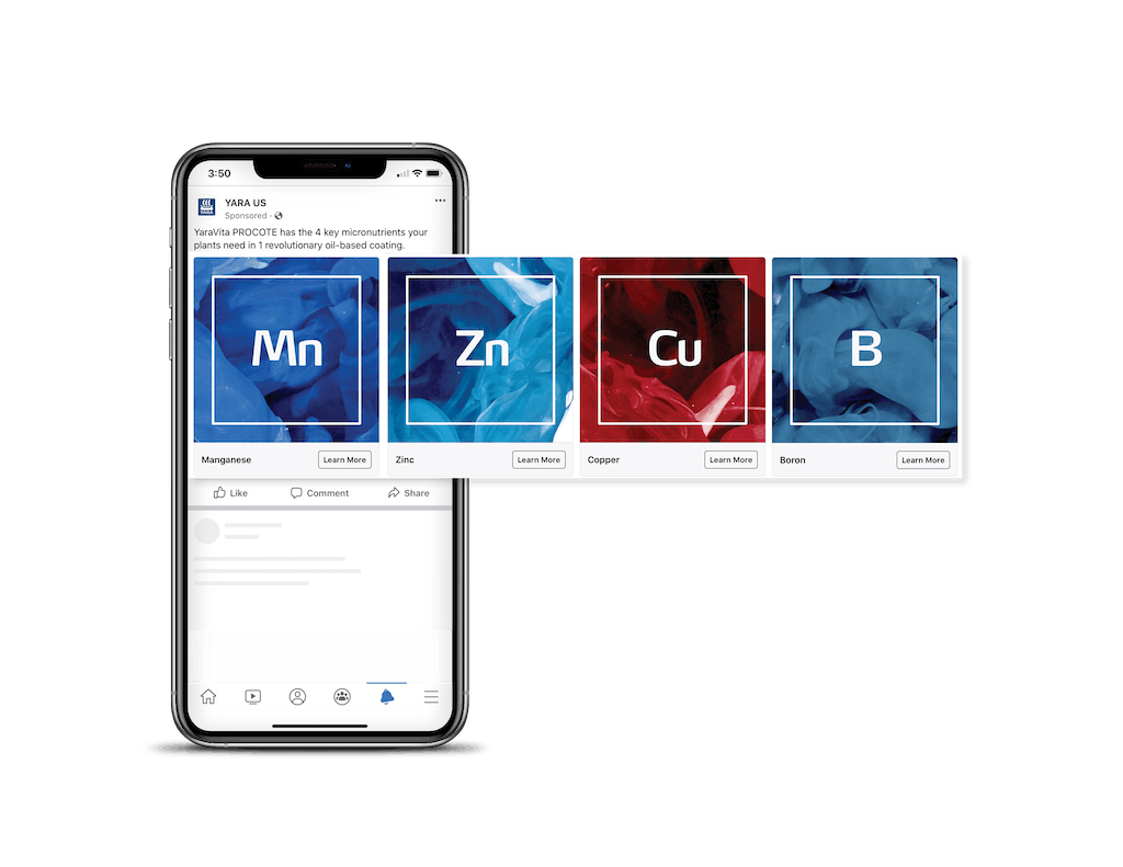 Cellphone with display of Yara Facebook carousel paid media